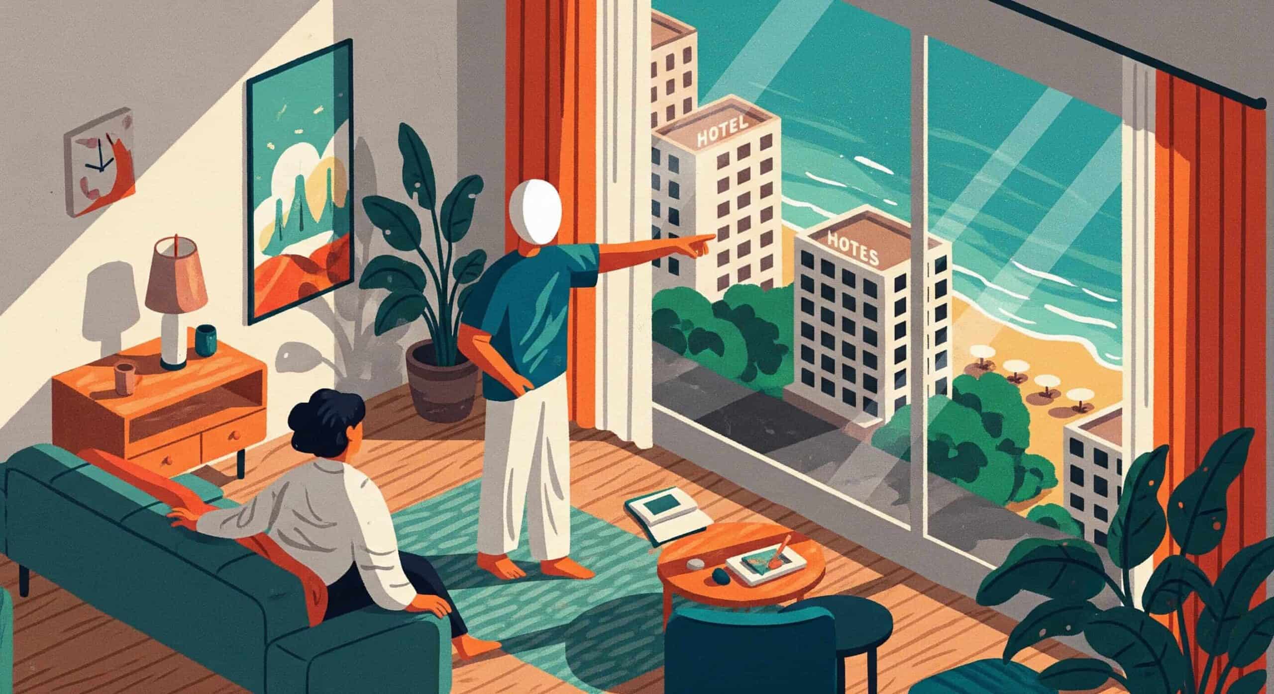 Socios de negocios analizando una inversión inmobiliaria en una zona hotelera de playa desde un departamento de lujo.
